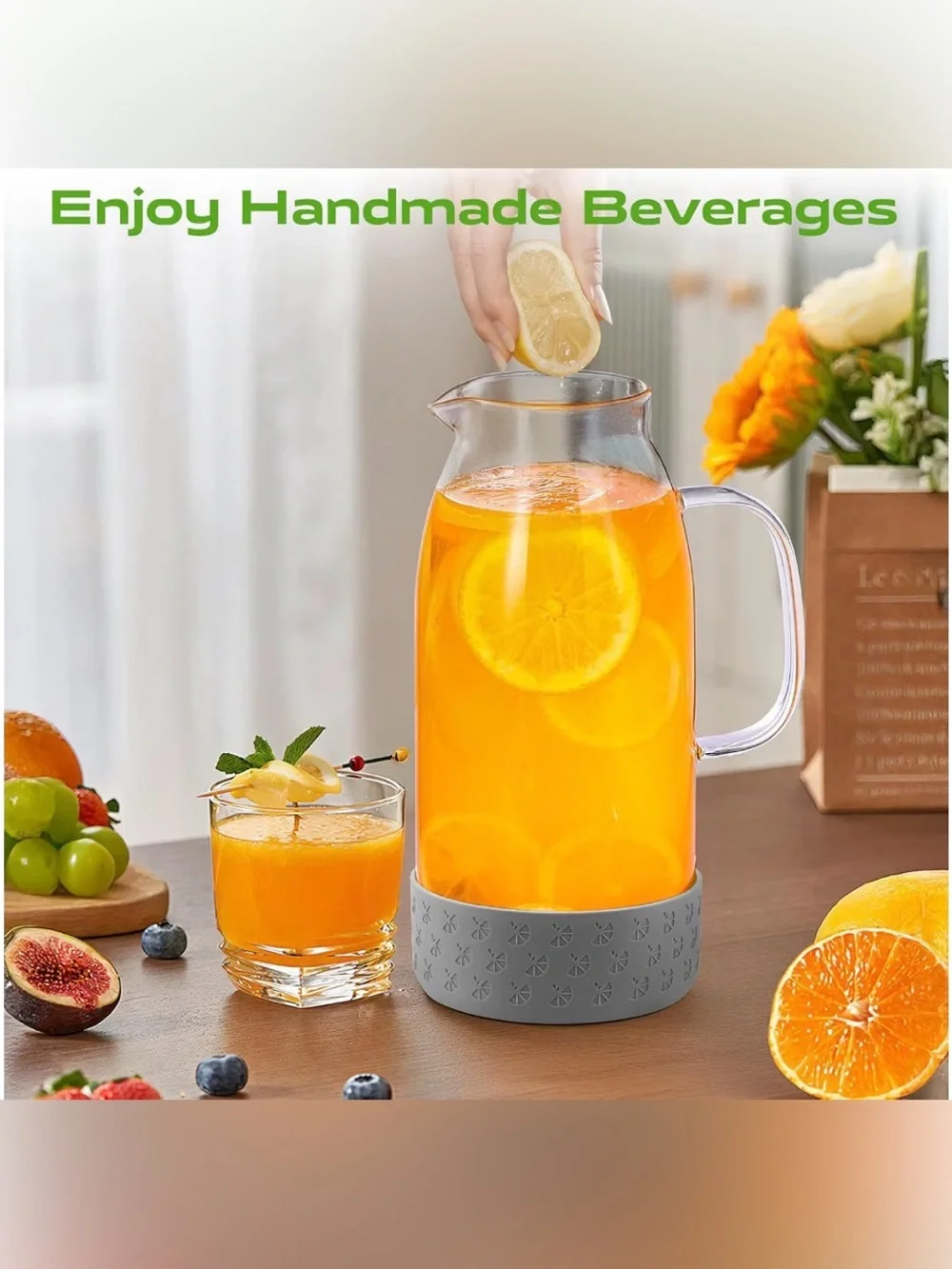 4/68 oz. Glass Pitcher with handle, lid & silicone removable base. New in Box NW